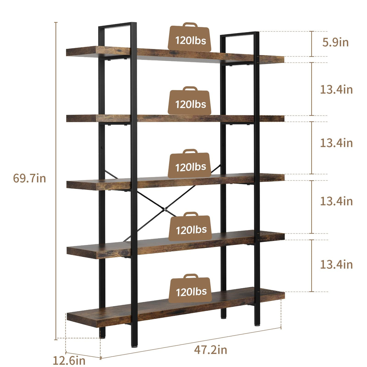 5 Tier Rustic Open Bookshelf I245