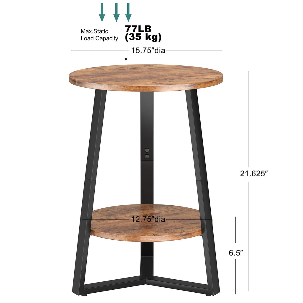 Small Round End Table Set of 2, 2 Tier Side Table with Storage Shelf, Rustic Brown Y924478