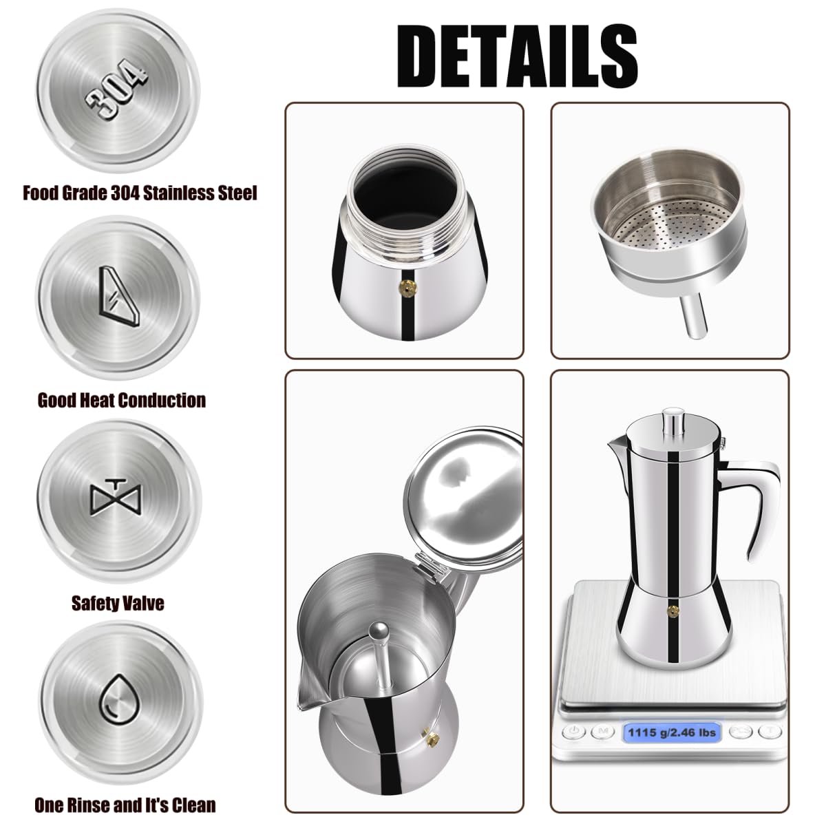 12 Cup 304 Stainless Steel Moka Pot Stovetop Espresso Maker 600ml F25126