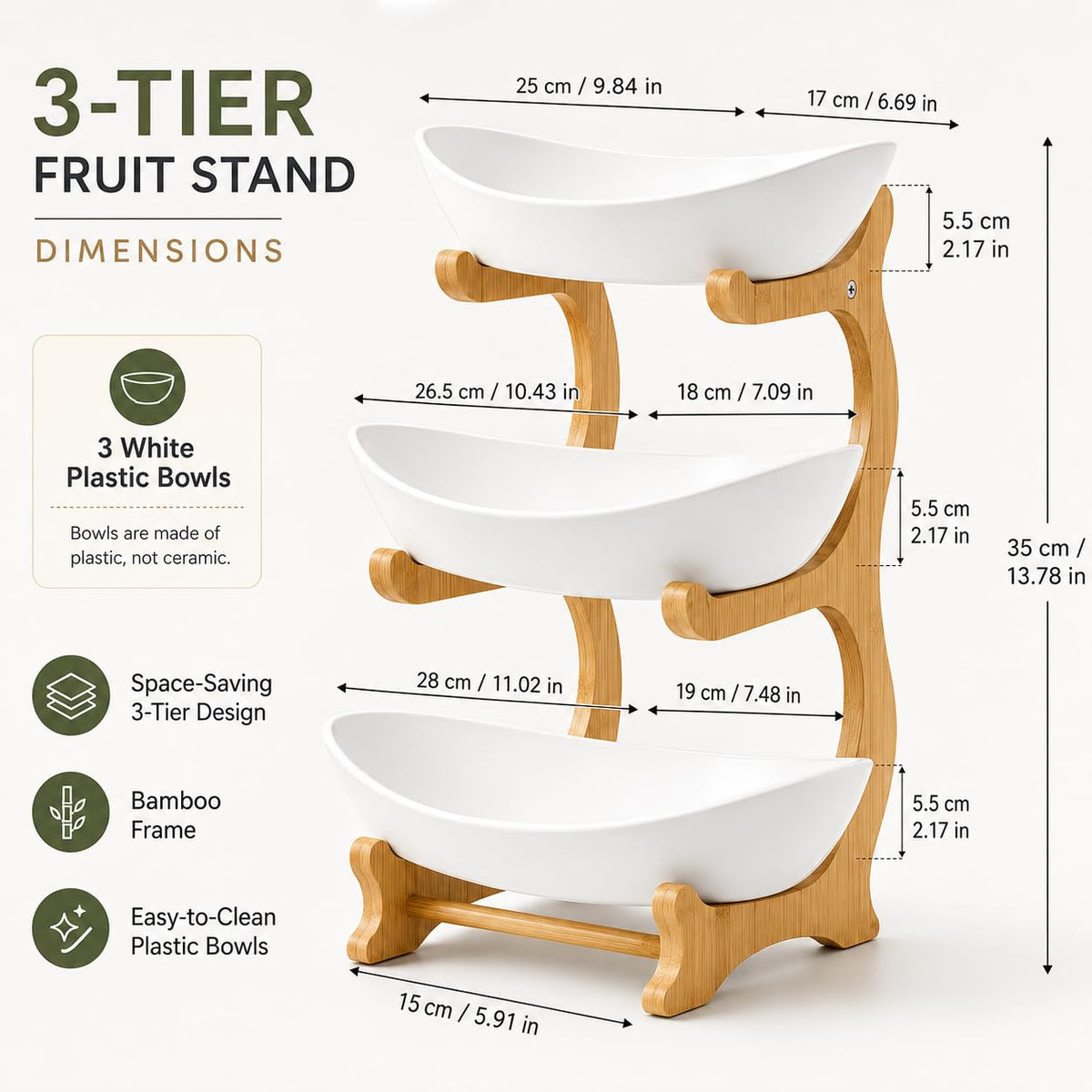 3 Tier Plastic Fruit Basket with Bamboo Stand J525