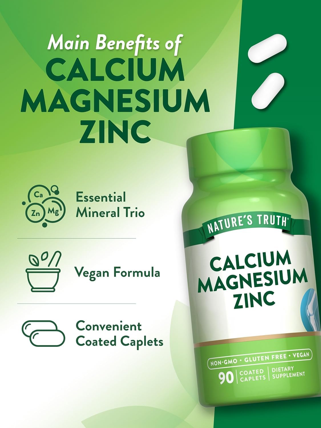 Calcium Magnesium Zinc Plus Vitamin D3 Caplets 90 Ct Pack of 2 O5039