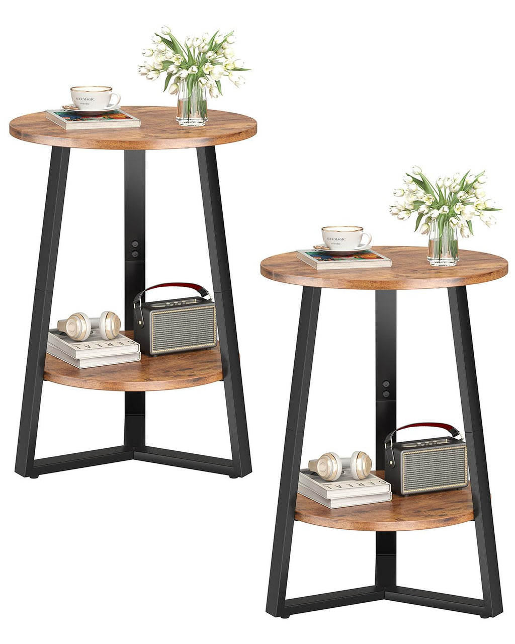 Small Round End Table Set of 2, 2 Tier Side Table with Storage Shelf, Rustic Brown Y924478