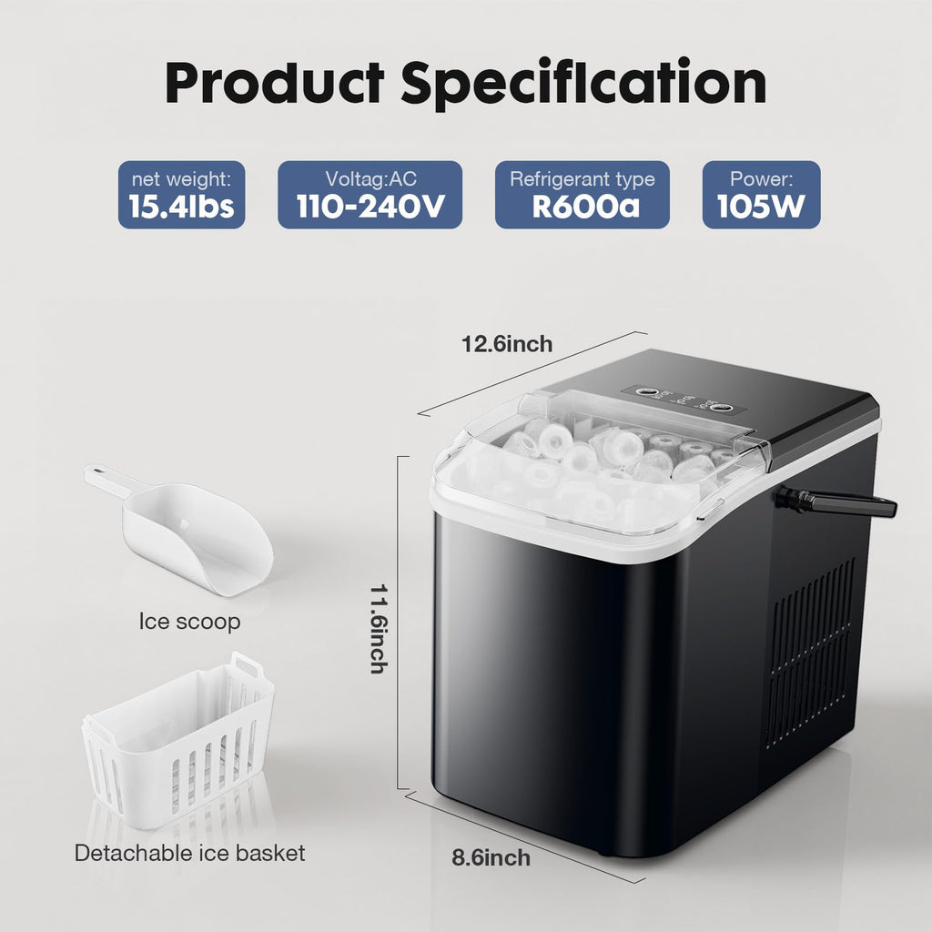 Portable Countertop Ice Maker with Scoop and Basket, 26.5lbs, Coal Black T13167