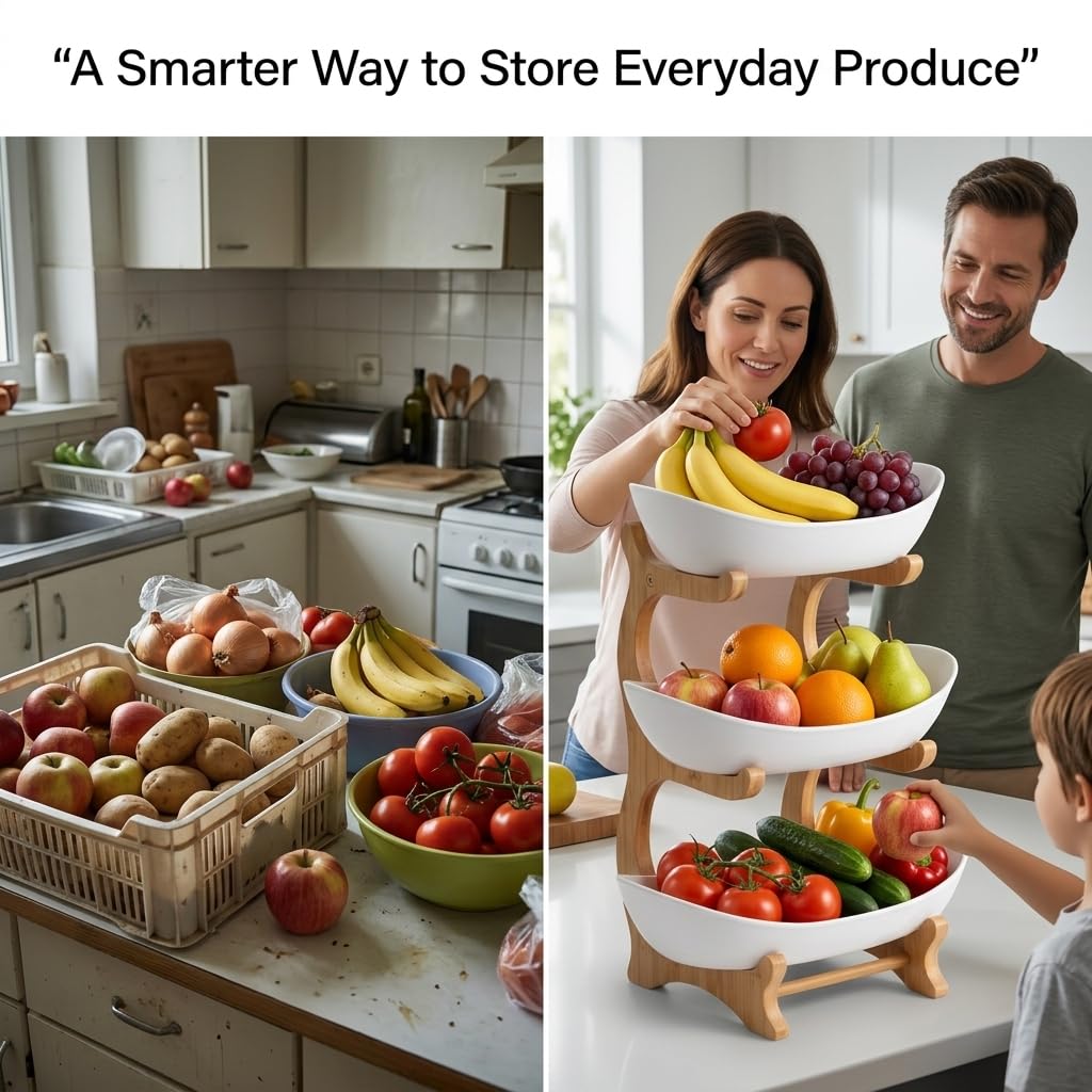 3 Tier Plastic Fruit Basket with Bamboo Stand J525