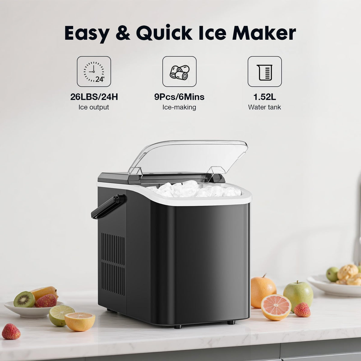 Portable Countertop Ice Maker with Scoop and Basket, 26.5lbs, Coal Black T13167