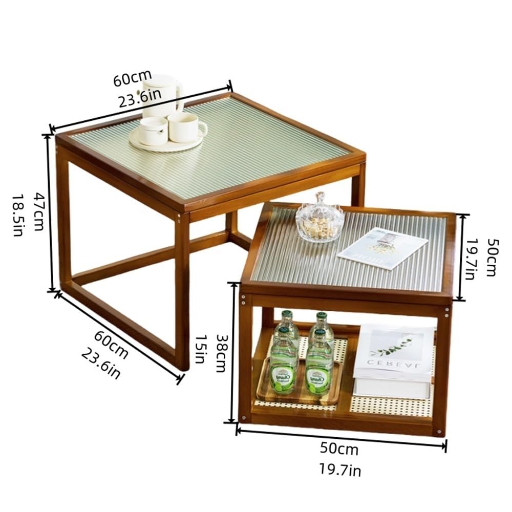 Set of 2 Square Glass Top Rattan Storage Coffee Table G8077