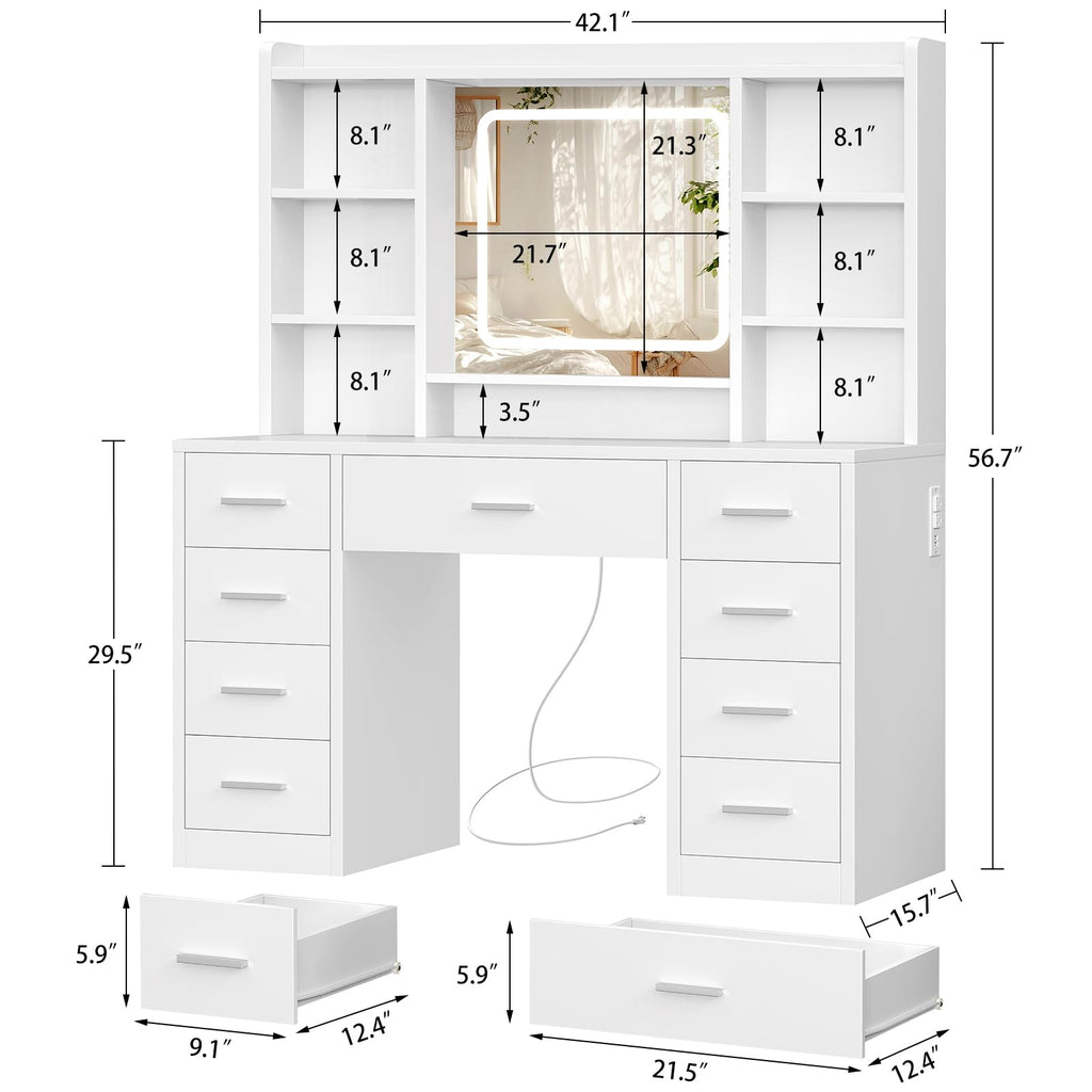 White Vanity Desk with Mirror and 9 Drawers G4059