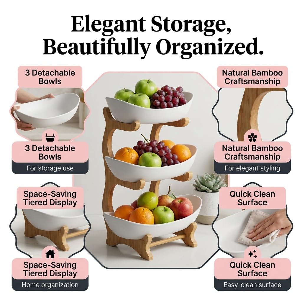 3 Tier Plastic Fruit Basket with Bamboo Stand J525