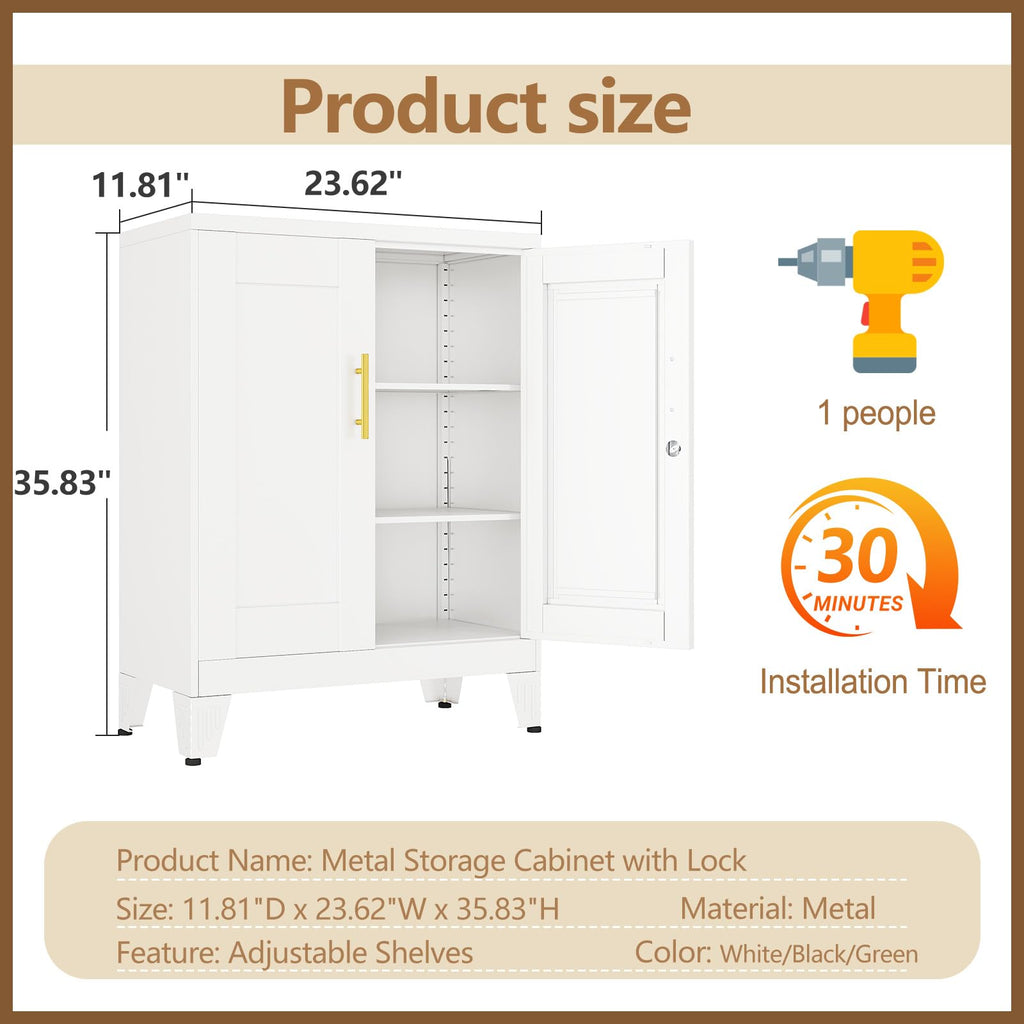White 36" Metal Storage Cabinet with 2 Doors and 2 Adjustable Shelves U6088