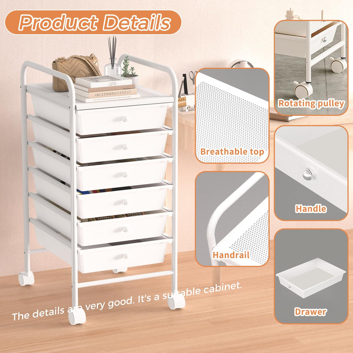 White 6 Tier Rolling Storage Cart with 6 Drawers R6494