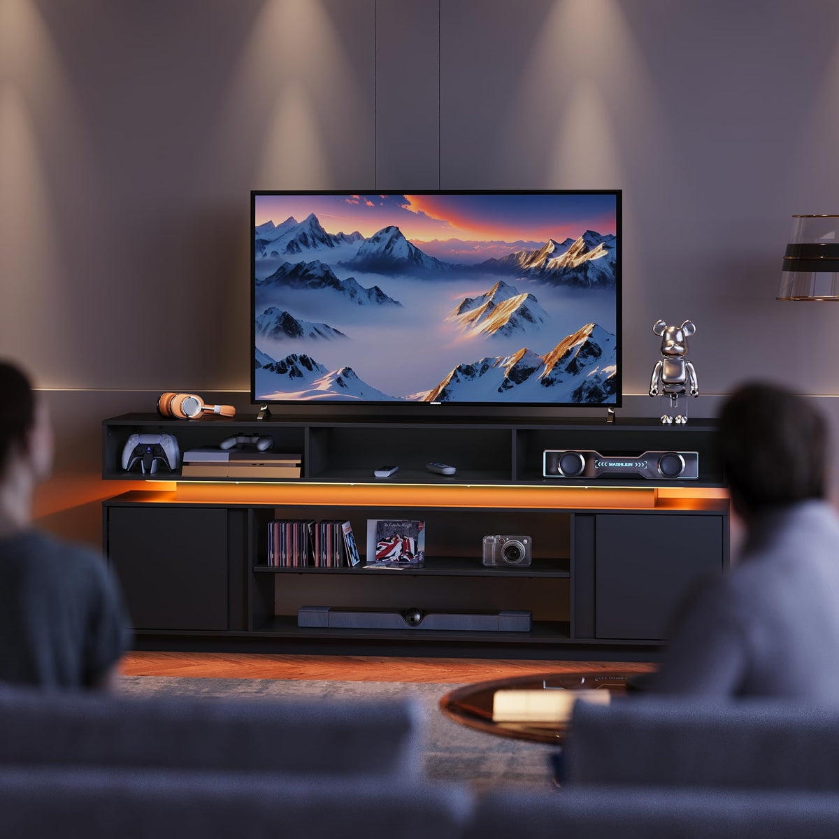 Black 2 Tier TV Stand with RGB LED Lights and Storage Cabinets Q2855
