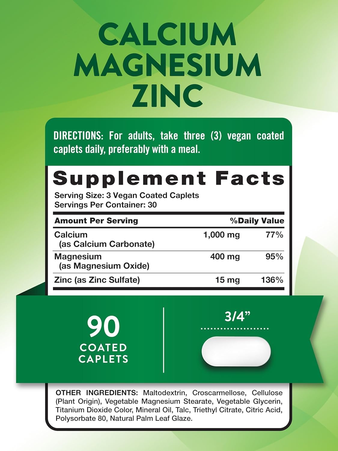 Calcium Magnesium Zinc Plus Vitamin D3 Caplets 90 Ct Pack of 2 O5039