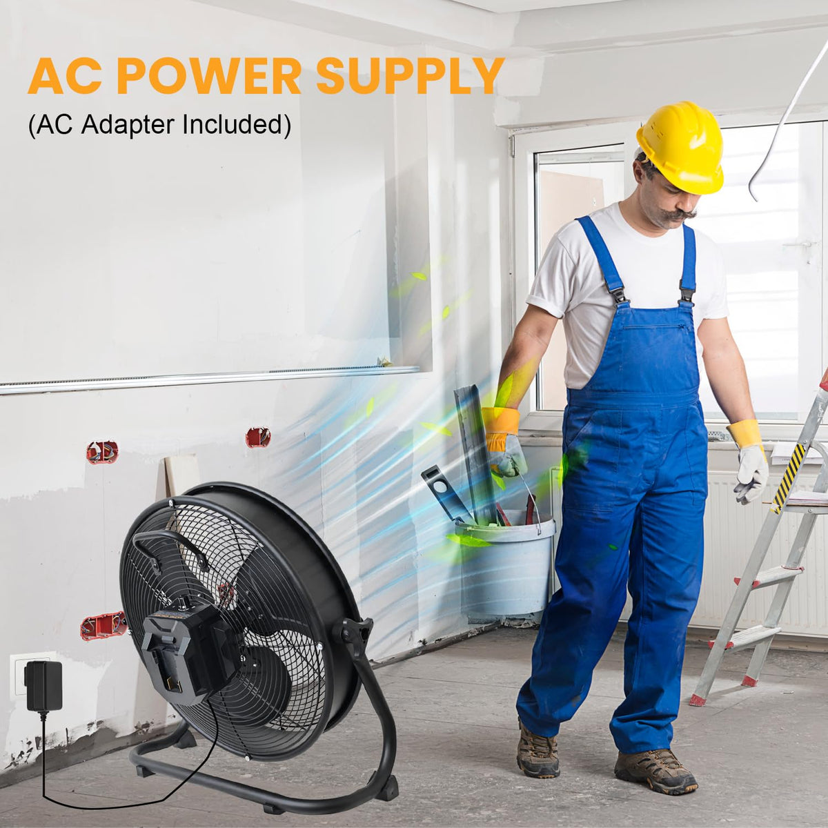 14" Battery Operated Floor Fan with AC Adapter, 1500 CFM Variable Speed Metal Fan W488278