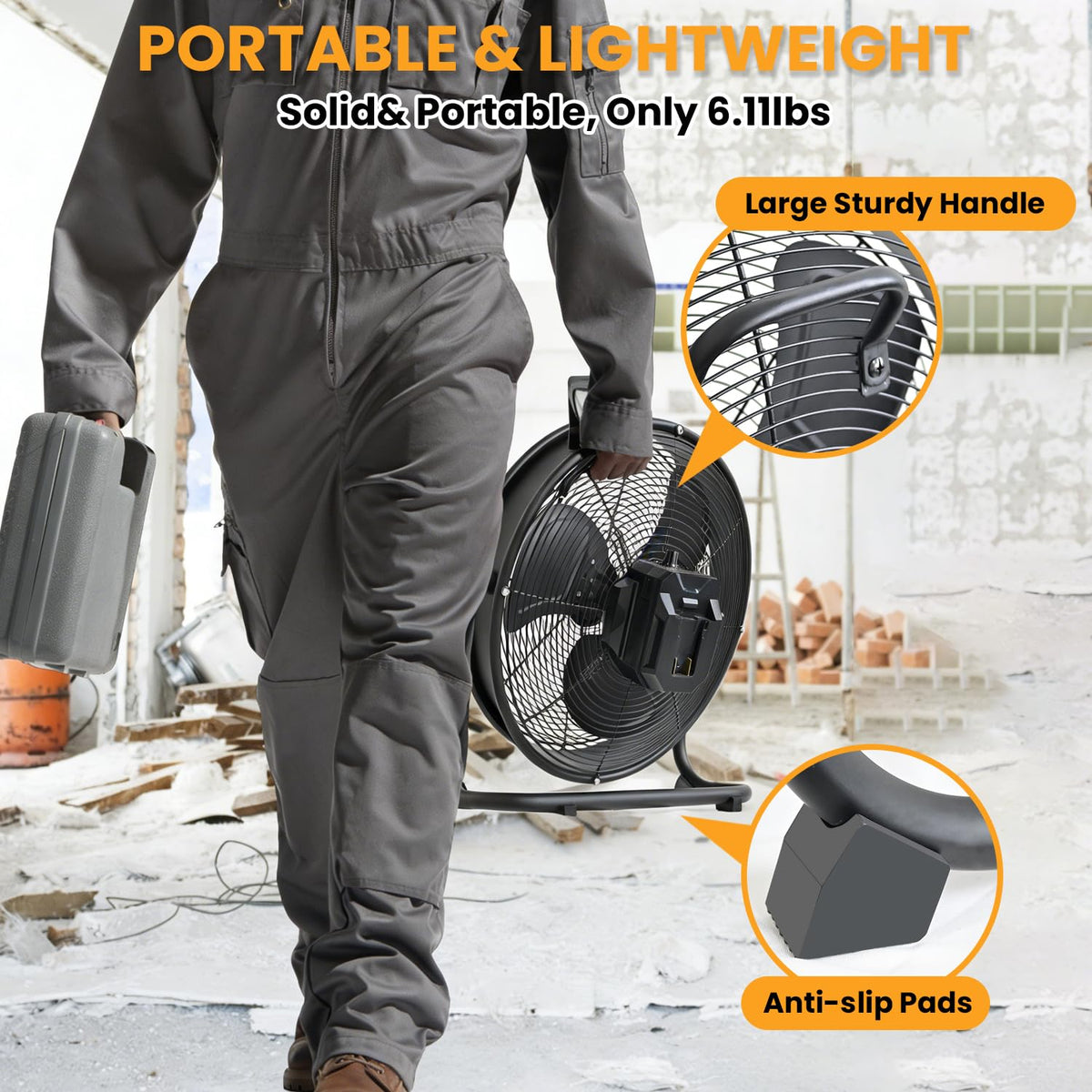 14" Battery Operated Floor Fan with AC Adapter, 1500 CFM Variable Speed Metal Fan W488278