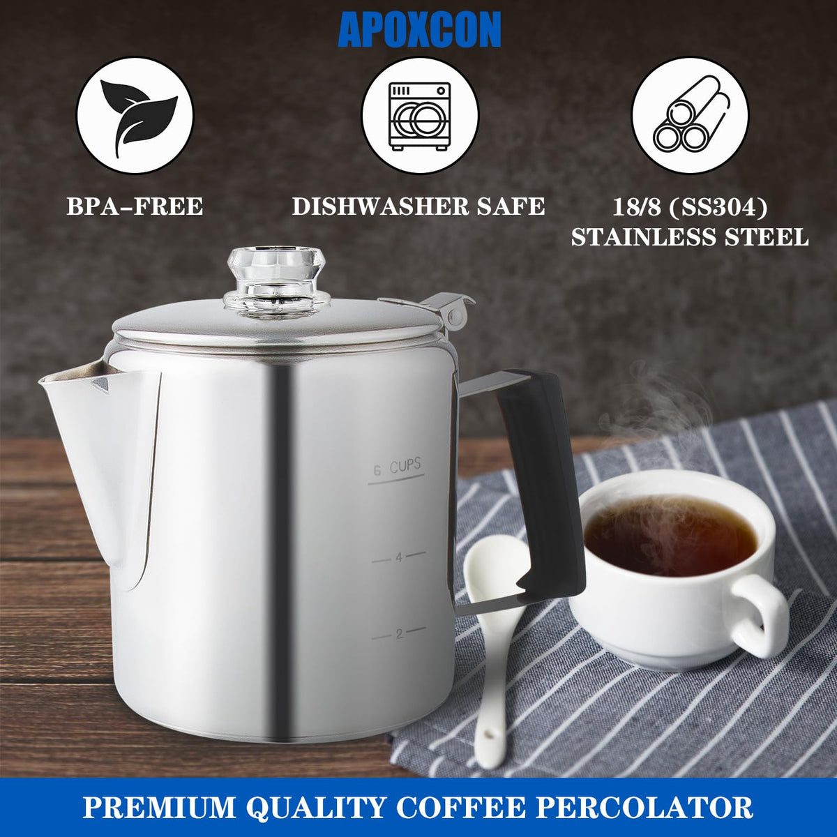 Stainless Steel Stove Top Percolator Coffee Pot 6 Cup I43599