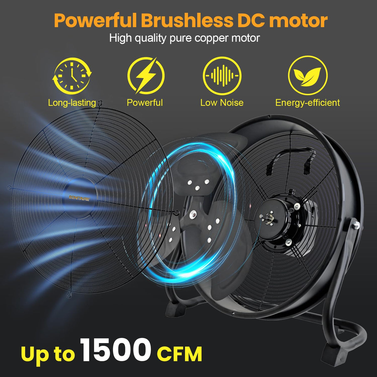 14" Battery Operated Floor Fan with AC Adapter, 1500 CFM Variable Speed Metal Fan W488278