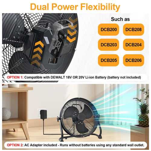 14" Battery Operated Floor Fan with AC Adapter, 1500 CFM Variable Speed Metal Fan W488278