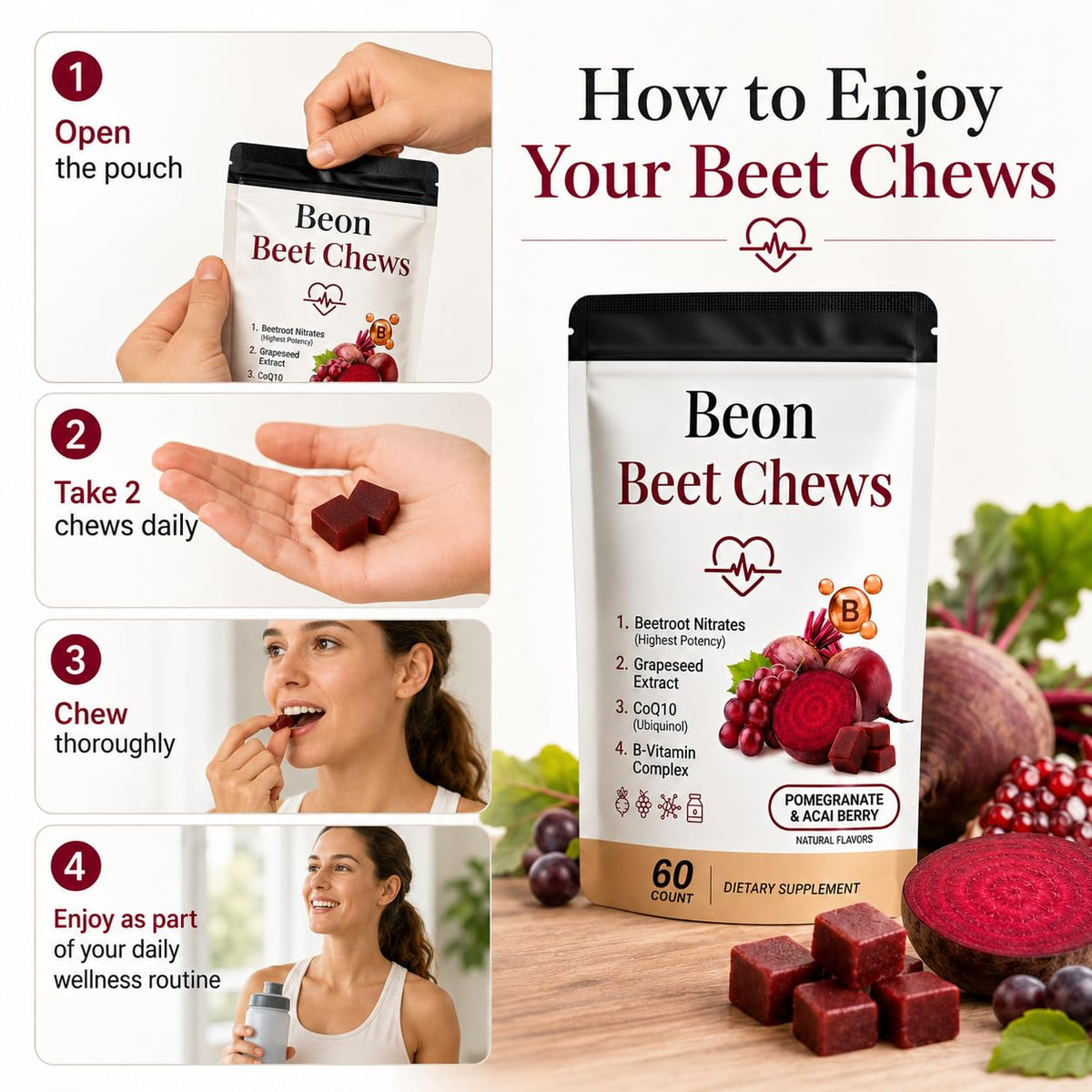 Beetroot Chews Gummies with Grape Seed & L-CoQ10, 60 Chew V827990