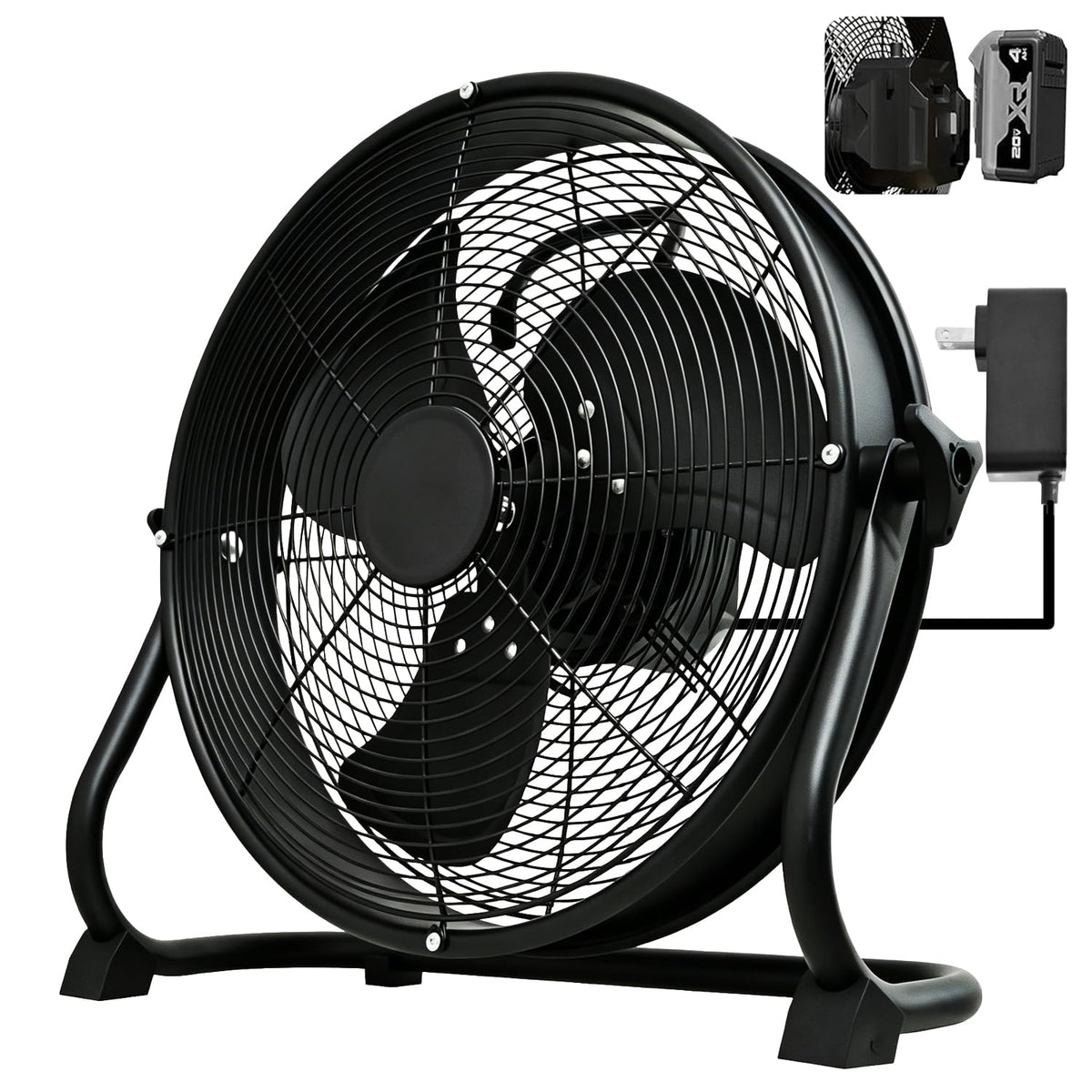 14" Battery Operated Floor Fan with AC Adapter, 1500 CFM Variable Speed Metal Fan W488278