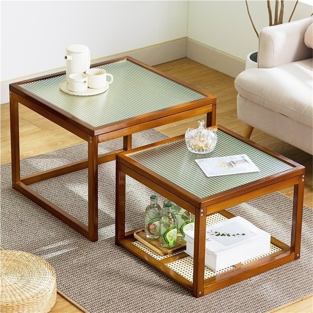 Set of 2 Square Glass Top Rattan Storage Coffee Table G8077