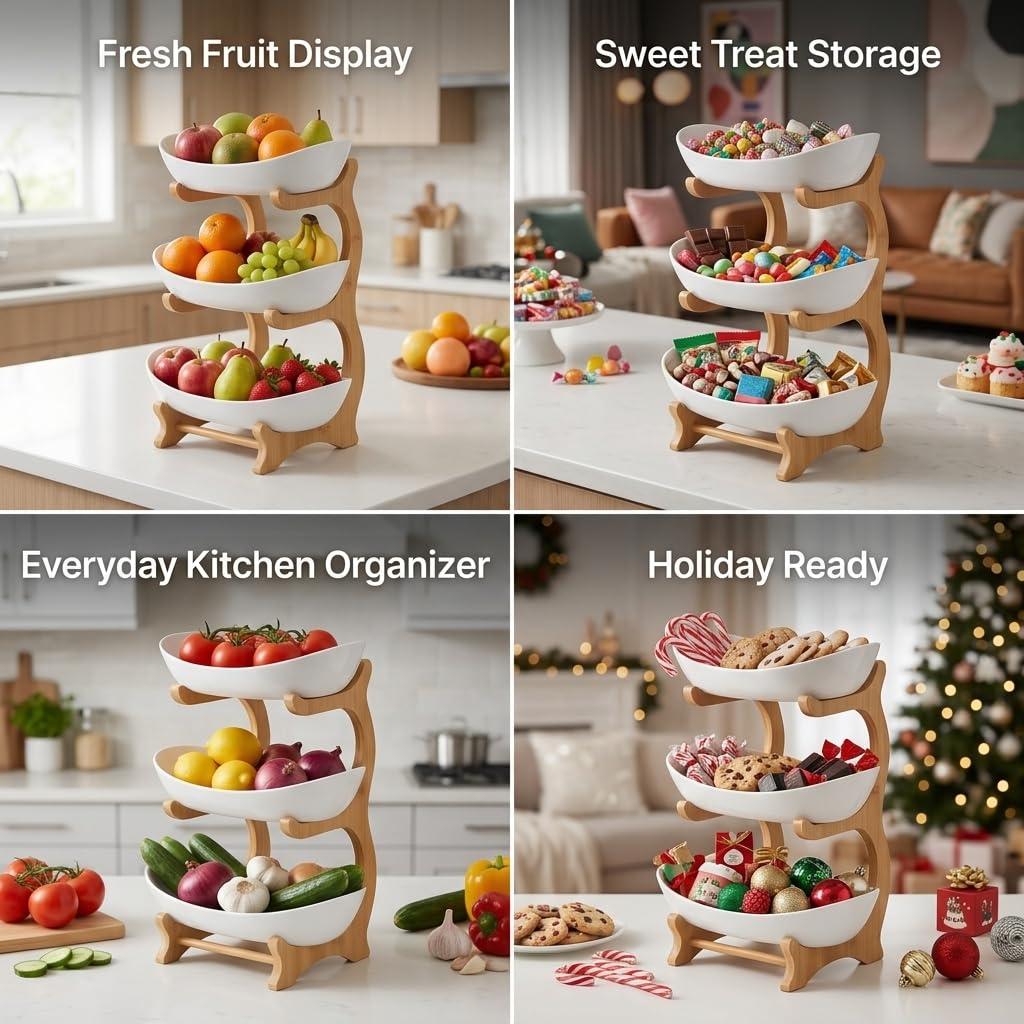 3 Tier Plastic Fruit Basket with Bamboo Stand J525