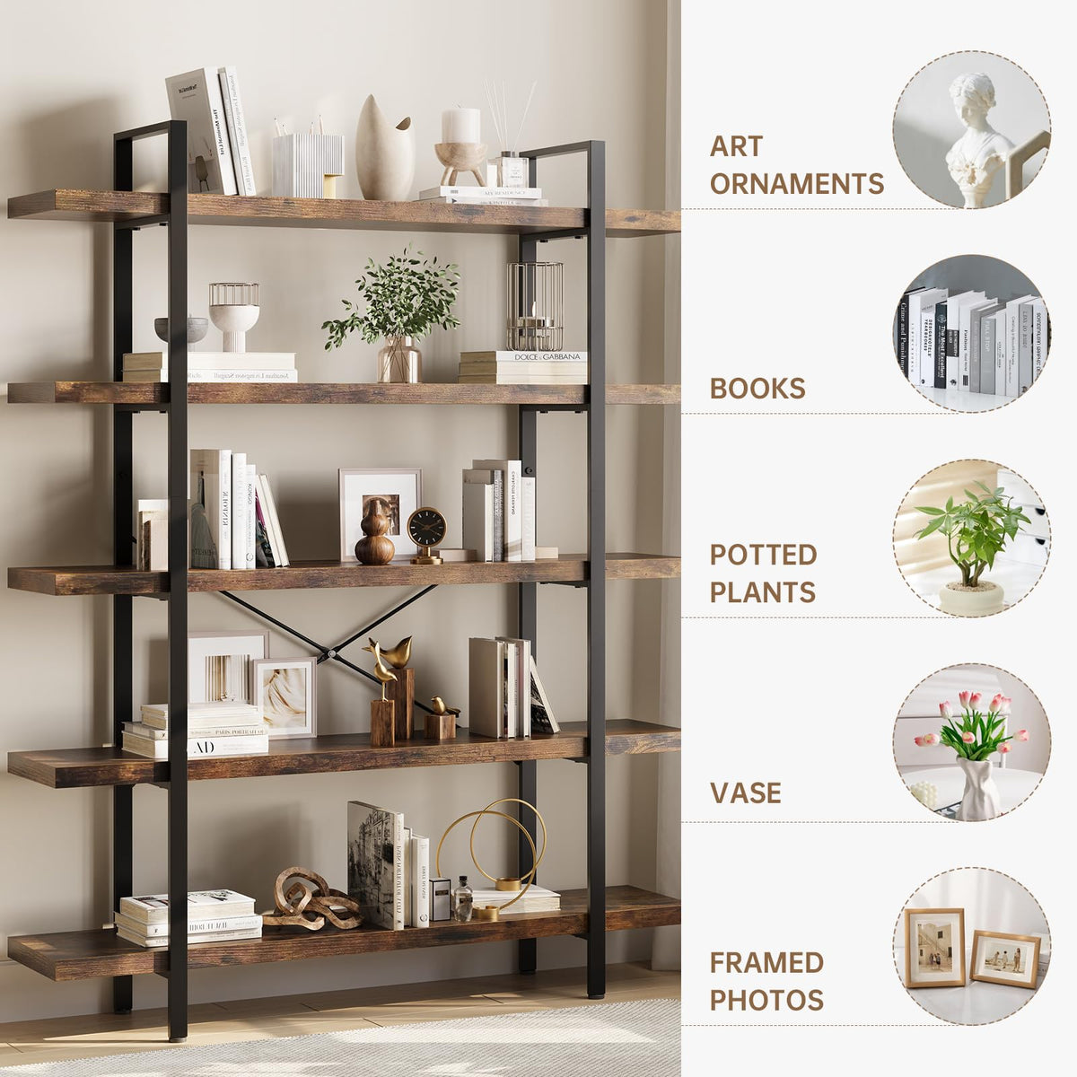 5 Tier Rustic Open Bookshelf I245