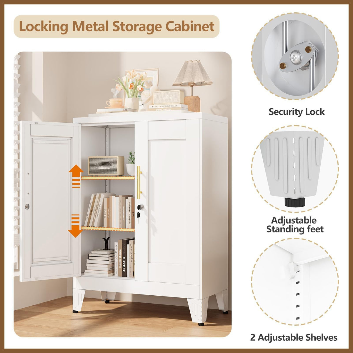 White 36" Metal Storage Cabinet with 2 Doors and 2 Adjustable Shelves U6088