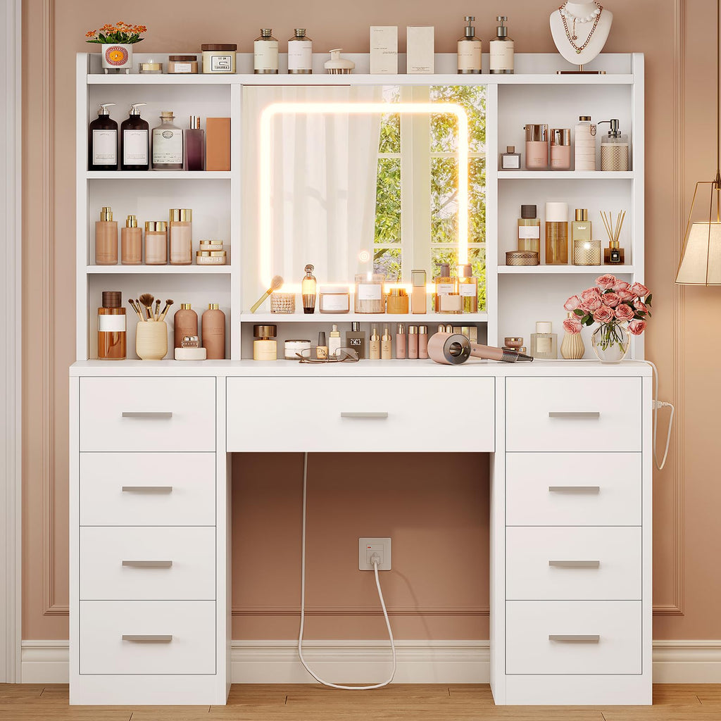 White Vanity Desk with Mirror and 9 Drawers G4059