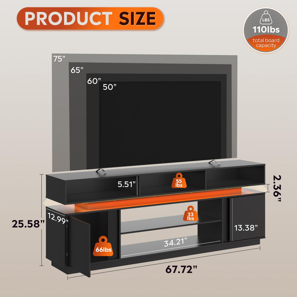 Black 2 Tier TV Stand with RGB LED Lights and Storage Cabinets Q2855