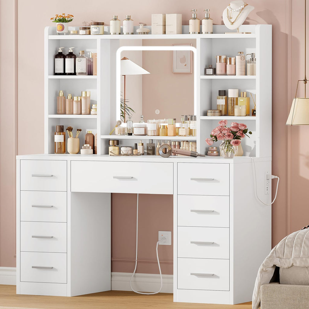 White Vanity Desk with Mirror and 9 Drawers G4059