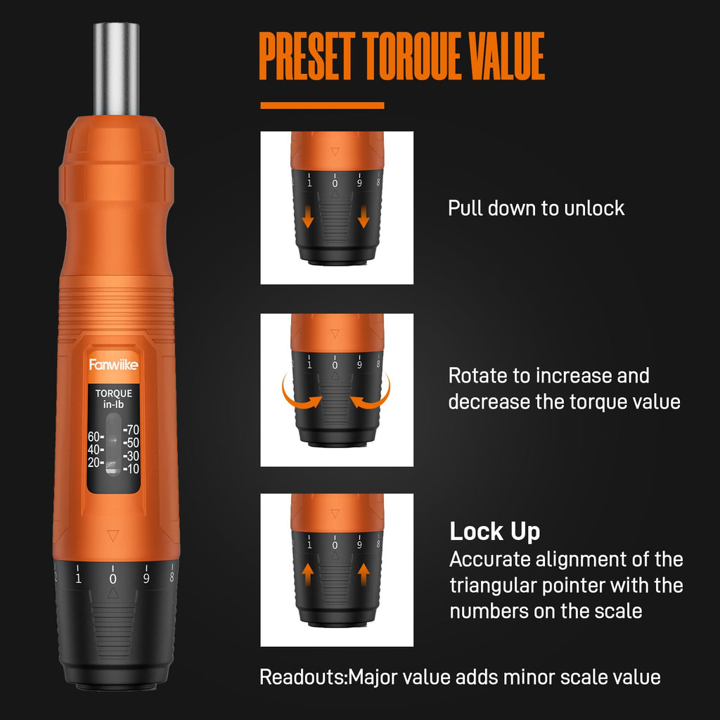 Torque Screwdriver Set, 10-70 In-lb, 1/4” Drive with Audible Click A578