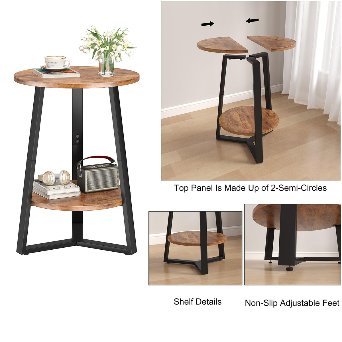 Small Round End Table Set of 2, 2 Tier Side Table with Storage Shelf, Rustic Brown Y924478