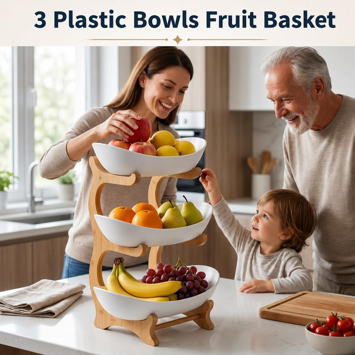 3 Tier Plastic Fruit Basket with Bamboo Stand J525