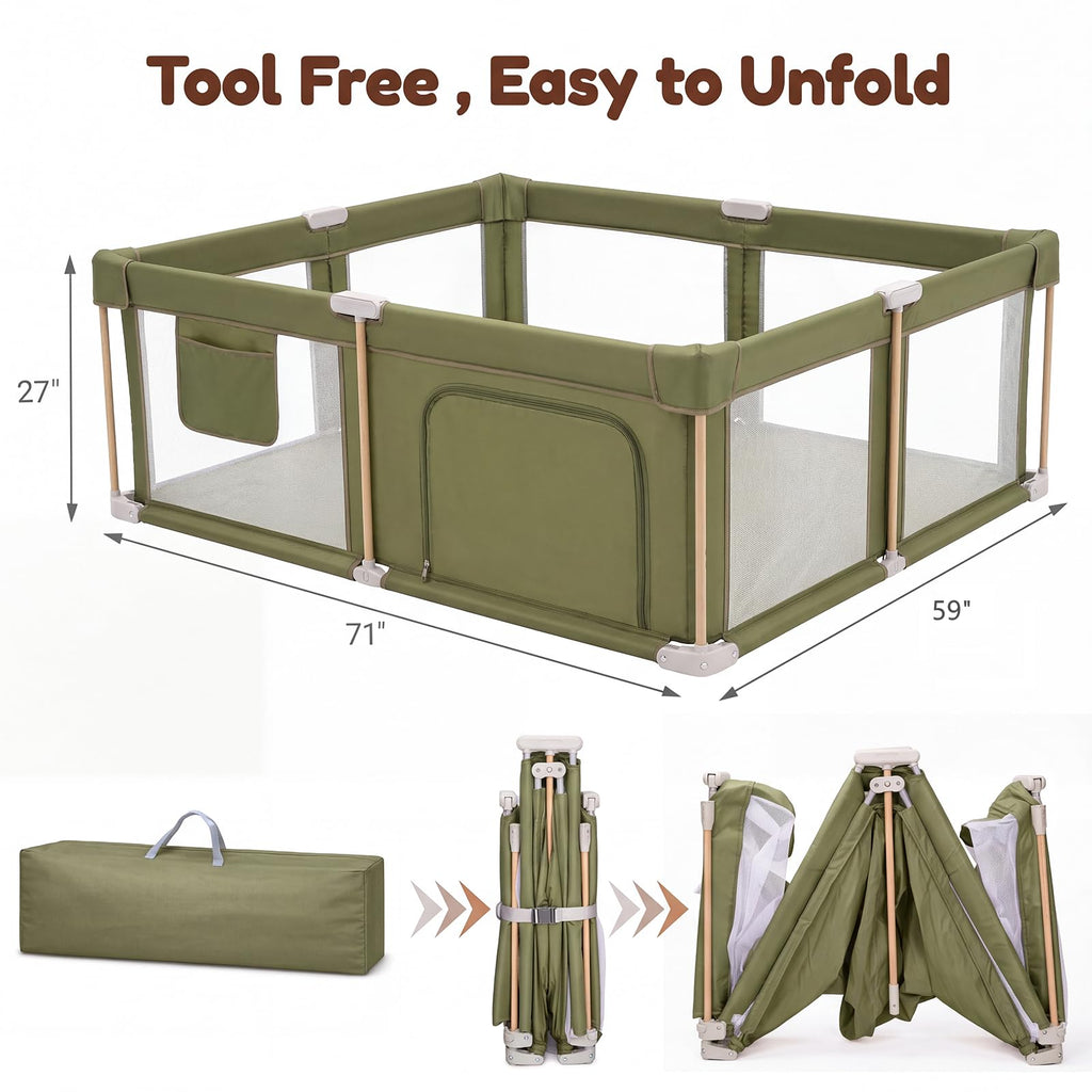 Foldable Baby Playpen with Mat, Breathable Mesh Green 71"×59" X97719
