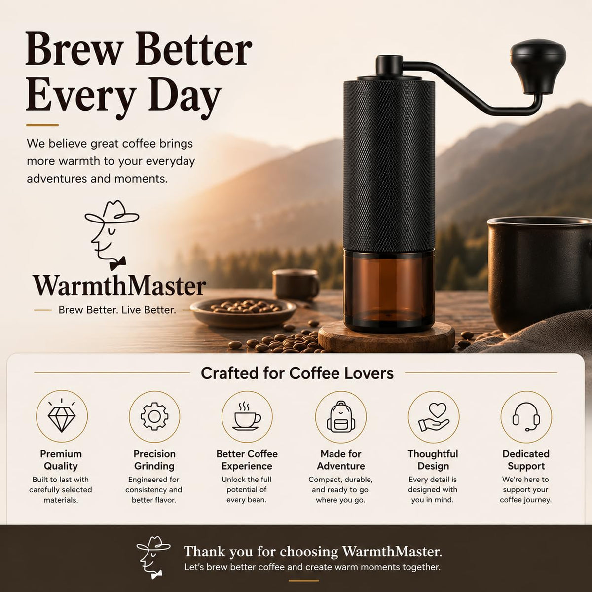 Manual Coffee Grinder with Stainless Steel Conical Burr E7404