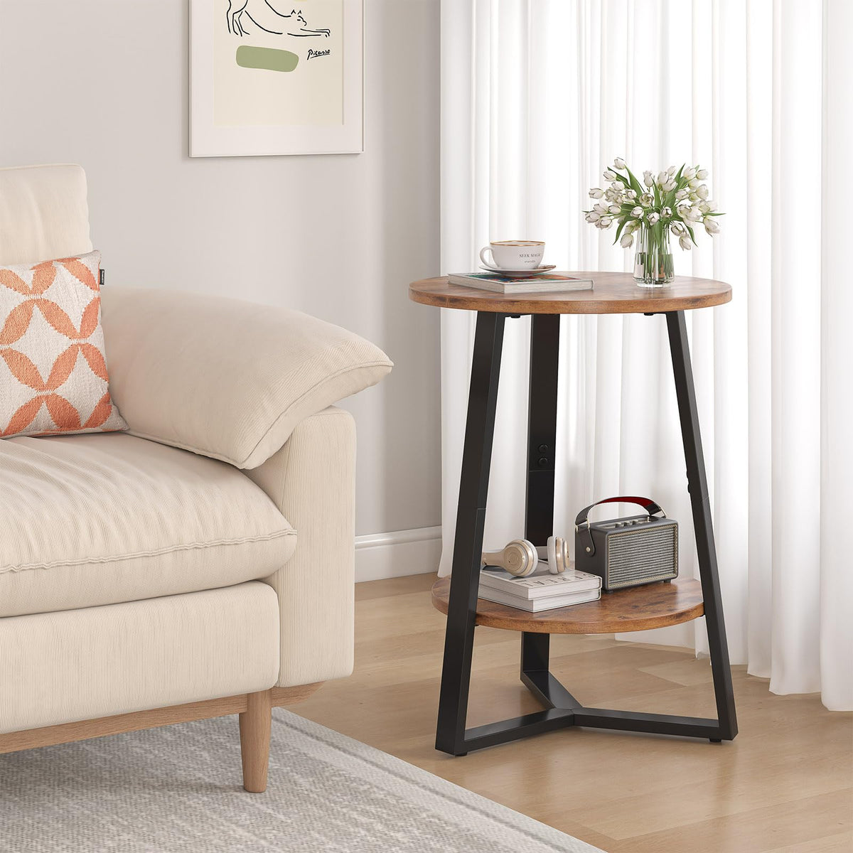 Small Round End Table Set of 2, 2 Tier Side Table with Storage Shelf, Rustic Brown Y924478