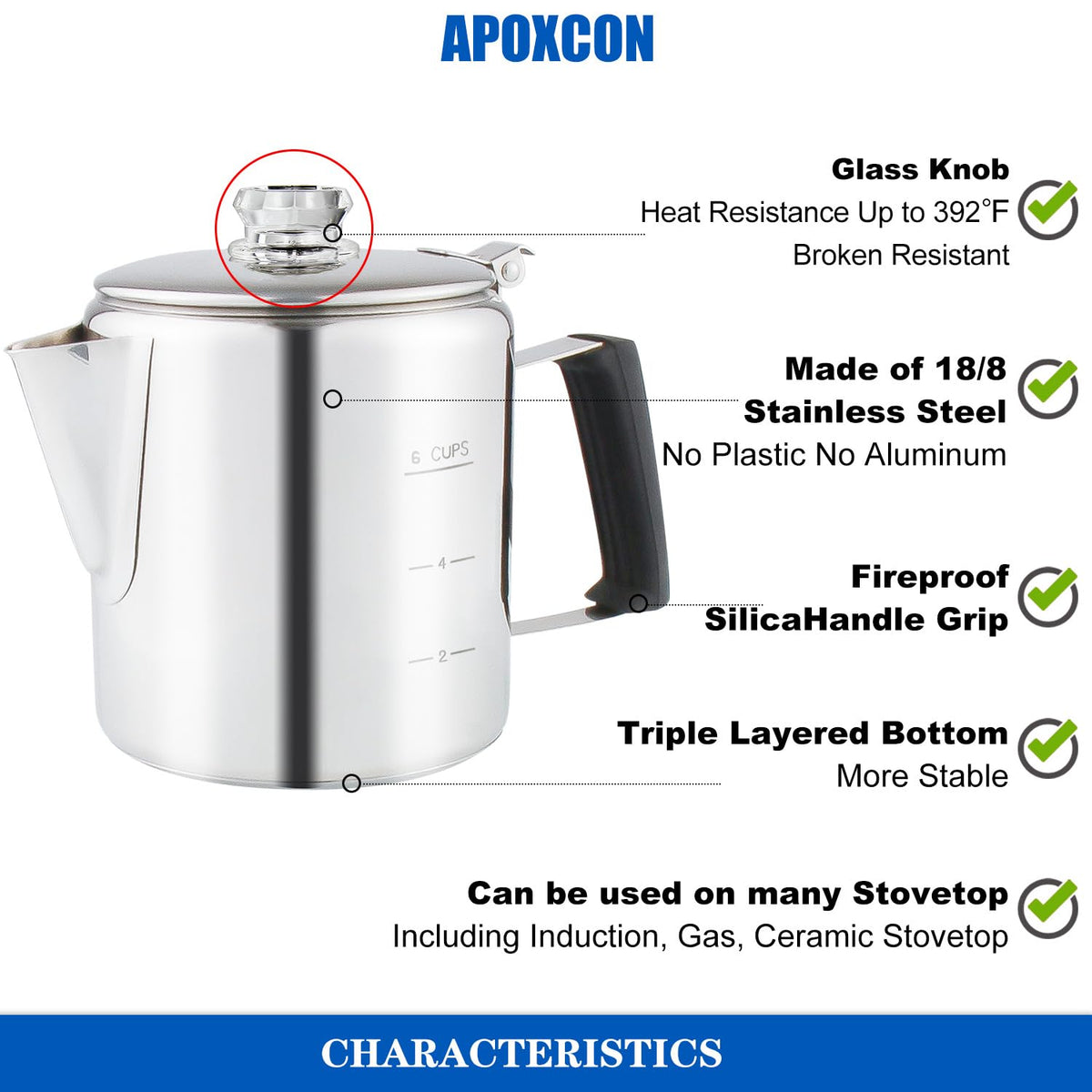 Stainless Steel Stove Top Percolator Coffee Pot 6 Cup I43599