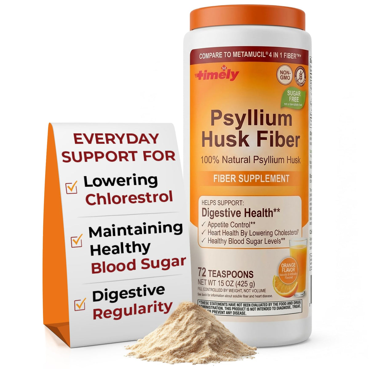 Psyllium Husk Powder Fiber Supplement, Orange Flavor, 15 oz D218