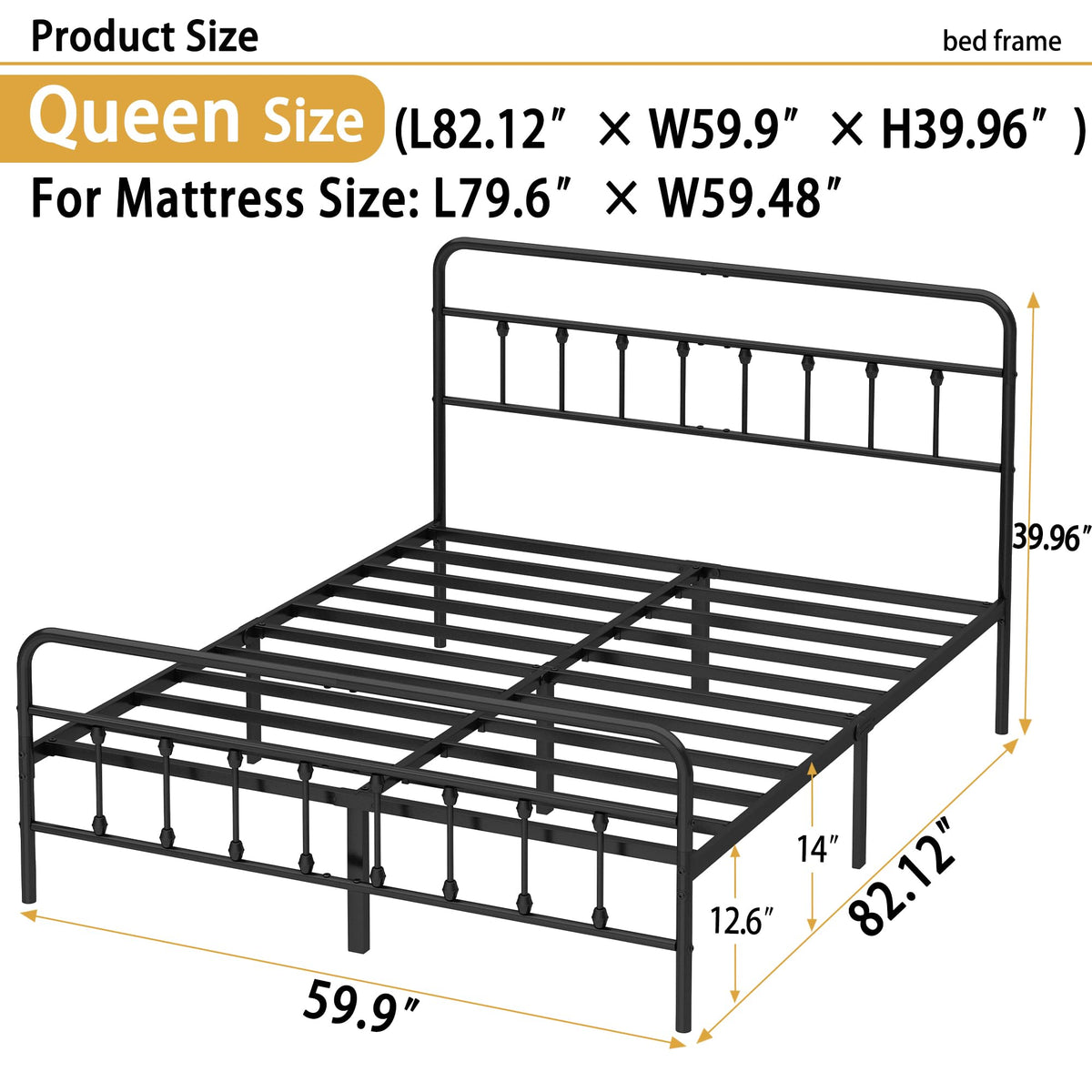 Queen Metal Bed Frame with Victorian Headboard & Footboard J303
