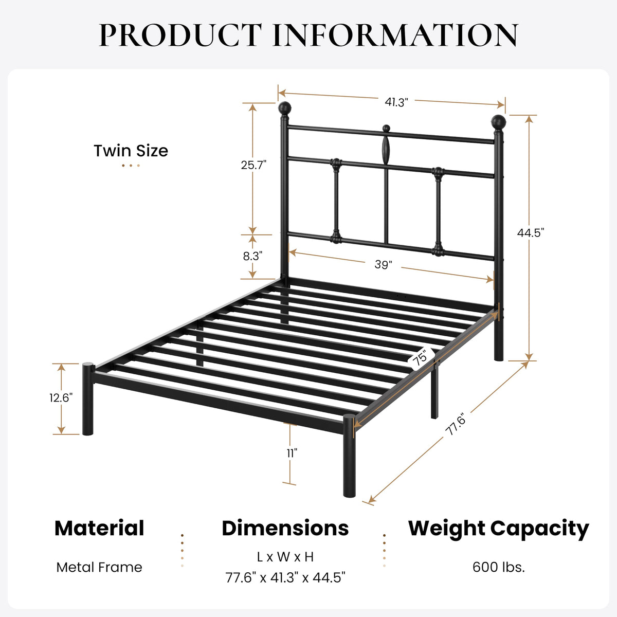 Twin Size Black Metal Platform Bed Frame with Headboard J787806
