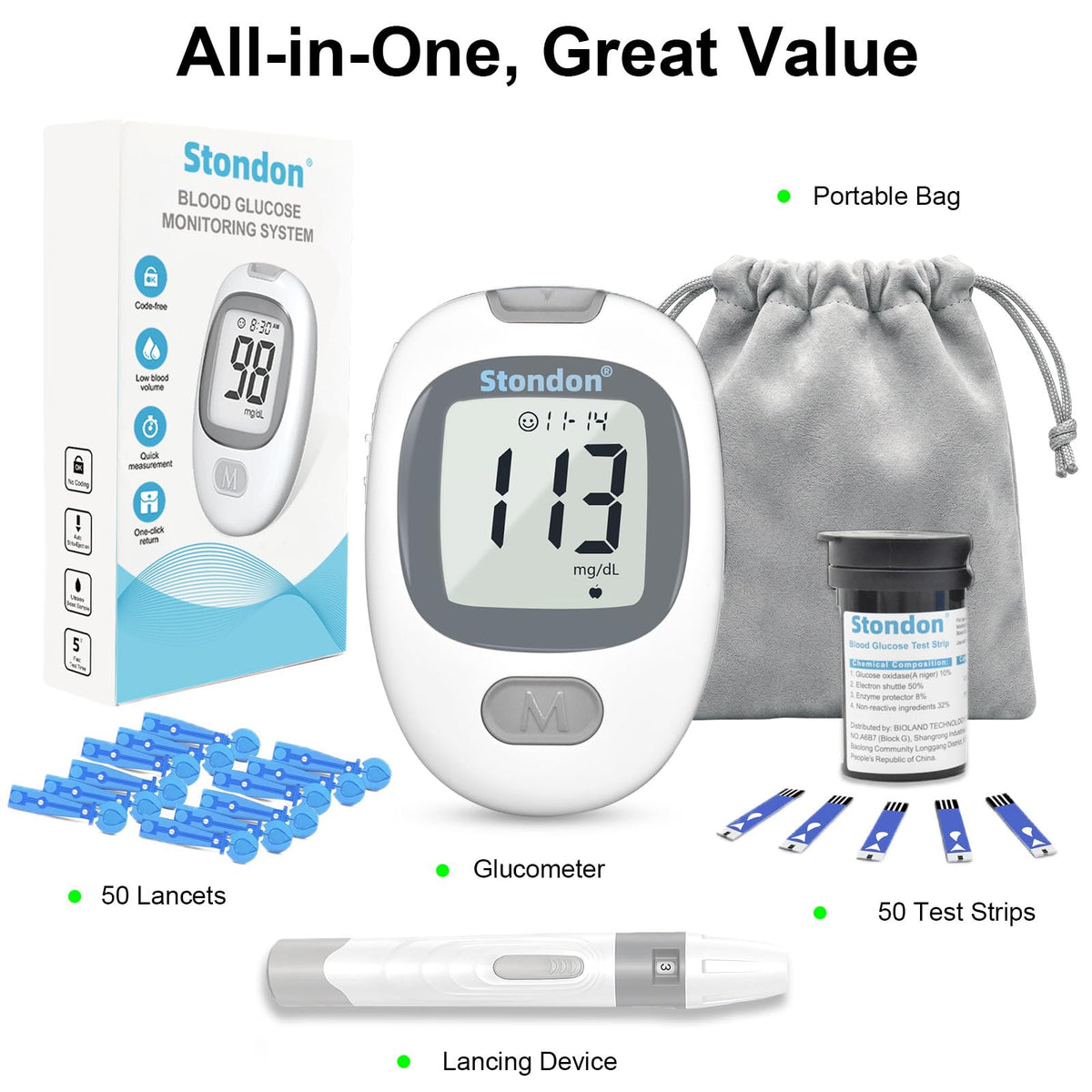 Blood Glucose Monitor Kit, 50 Strips & Lancets L540757