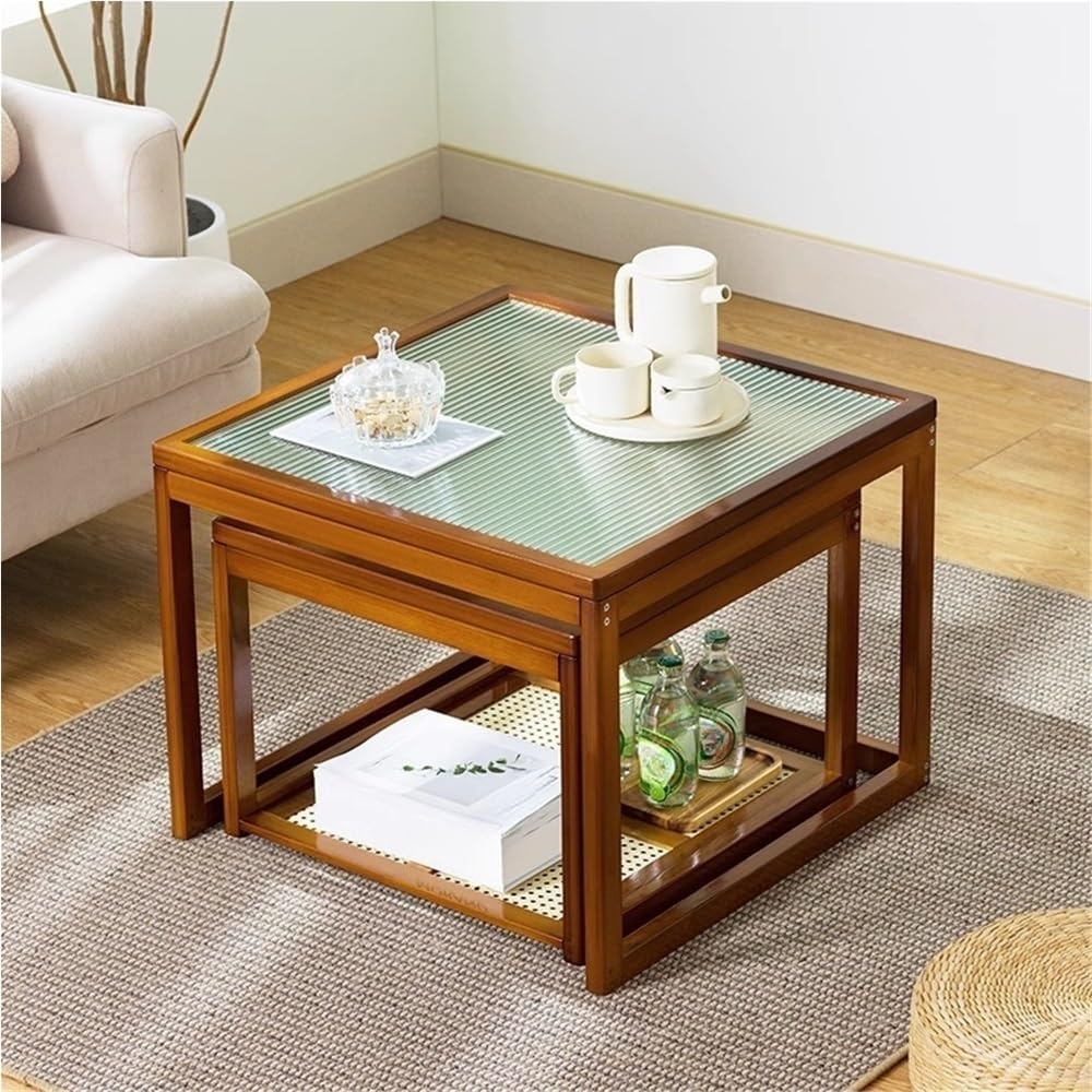 Set of 2 Square Glass Top Rattan Storage Coffee Table G8077
