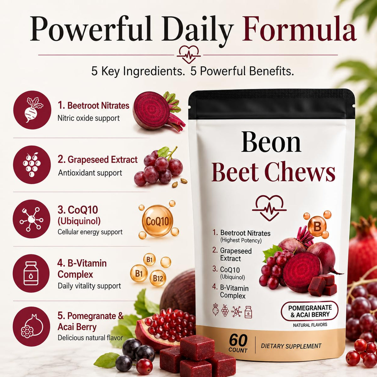 Beetroot Chews Gummies with Grape Seed & L-CoQ10, 60 Chew V827990