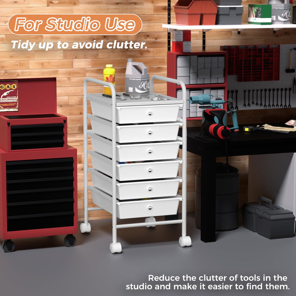 White 6 Tier Rolling Storage Cart with 6 Drawers R6494