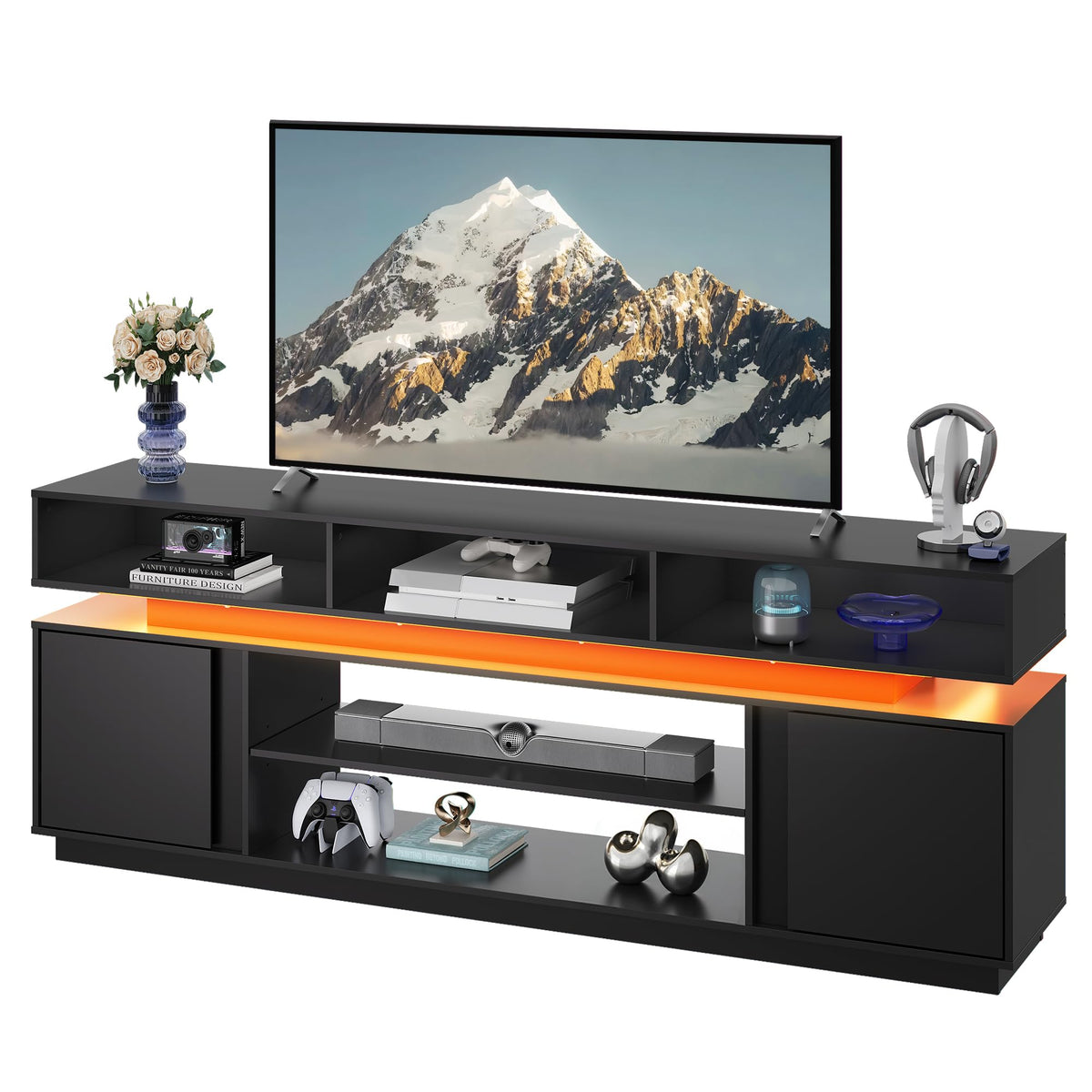 Black 2 Tier TV Stand with RGB LED Lights and Storage Cabinets Q2855
