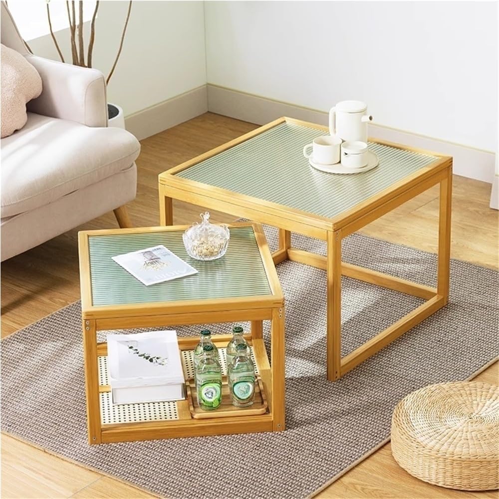 Set of 2 Square Glass Top Rattan Storage Coffee Table G8077