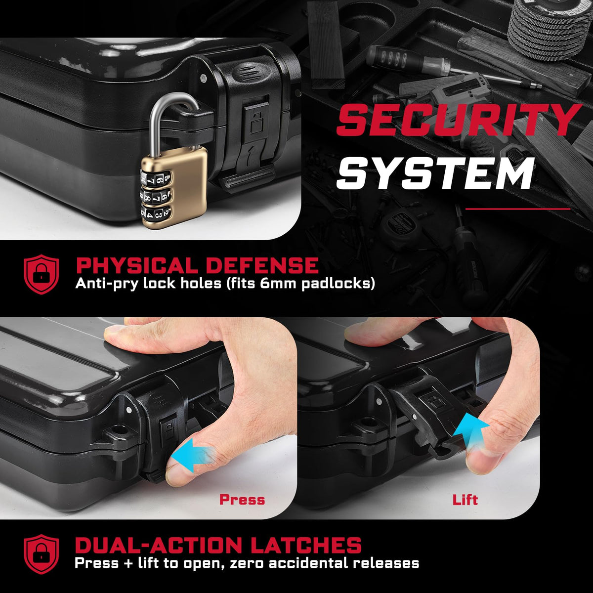 Black Steel Tool Box with Safety Latch and Handle J3467