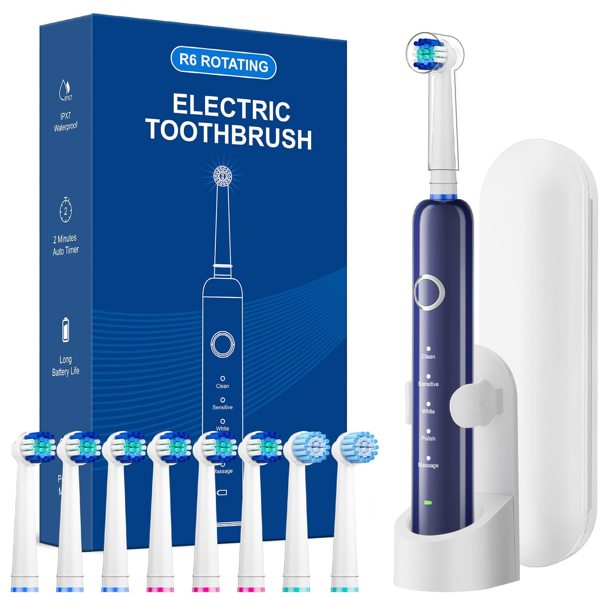 Black Rechargeable Electric Toothbrush with 8 Brush Heads G3159