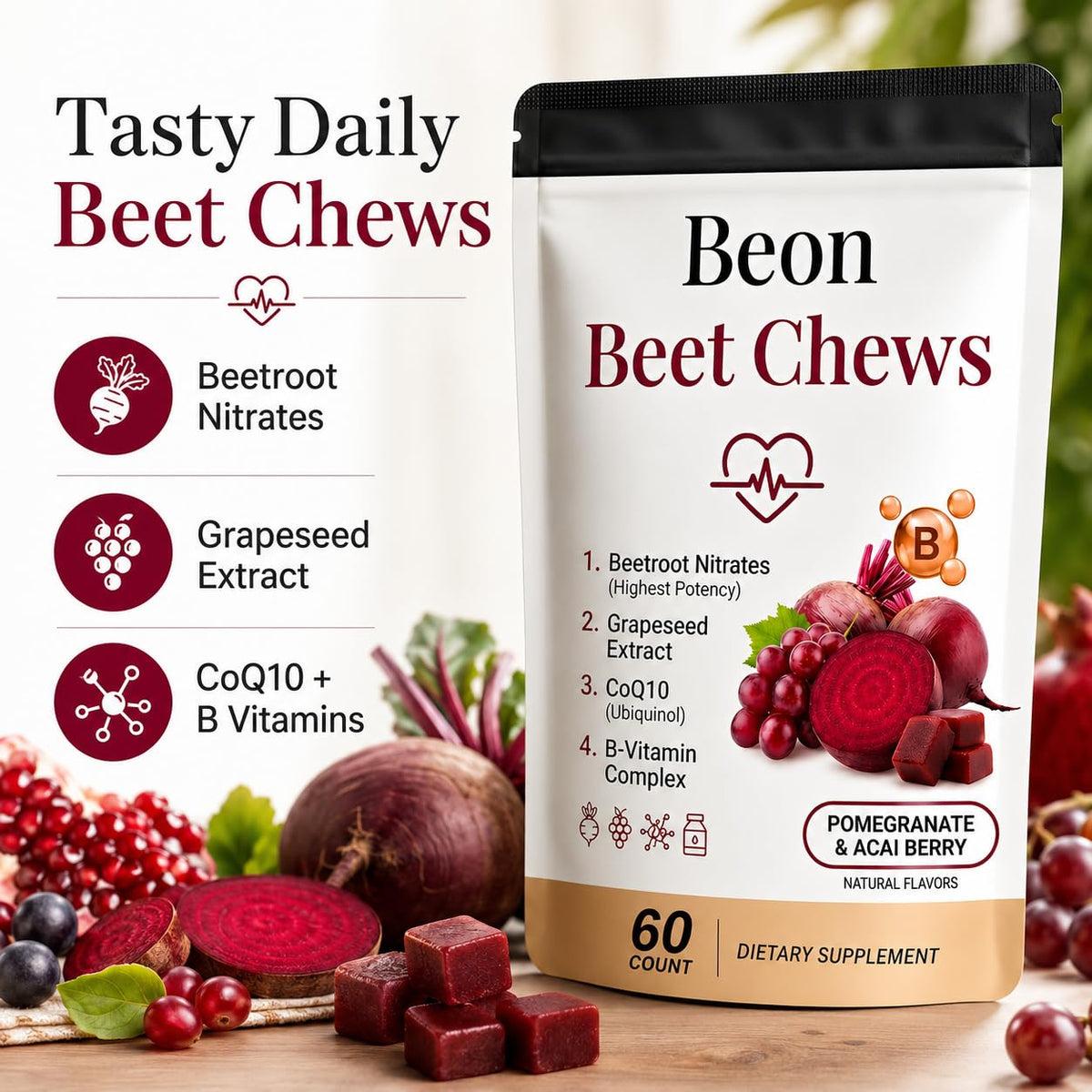 Beetroot Chews Gummies with Grape Seed & L-CoQ10, 60 Chew V827990