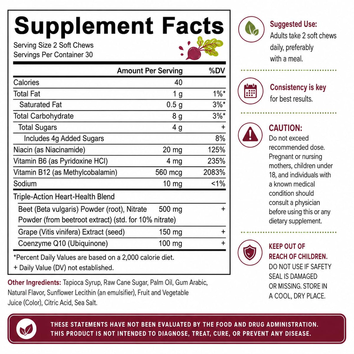 Beetroot Chews Gummies with Grape Seed & L-CoQ10, 60 Chew V827990